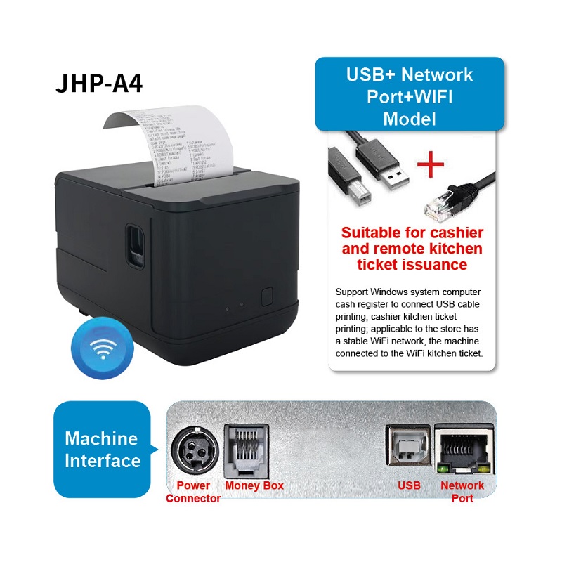 Portable Thermal Printer T-VISION JHP-A4, 80mm Paper, USB/LAN RJ45/WiFi Connectivity, Black